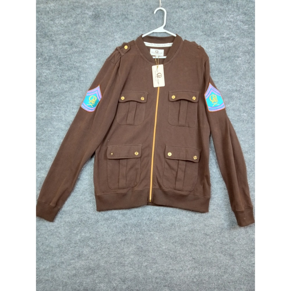 Military Inspired Brown Jacket with Patches and Gold Accents XL